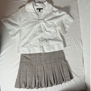 Banana Republic White Cropped Button Shirt w/ BeBe Gray Plaid Pleated Skirt Set